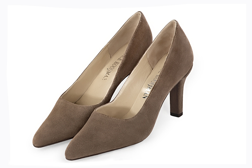 Chocolate brown women's dress pumps,with a square neckline. Tapered toe. High slim heel. Front view - Florence KOOIJMAN